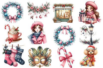 Parisian Christmas Watercolor Clipart PNG Bundle | Elegant Paris Christmas Clipart | Pink Winter Holiday Sublimation PNG