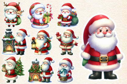 Christmas Santa Claus Sticker Clipart PNG Bundle | Cute Watercolor Santa Sticker Clipart | Holiday Santa Sublimation PNG