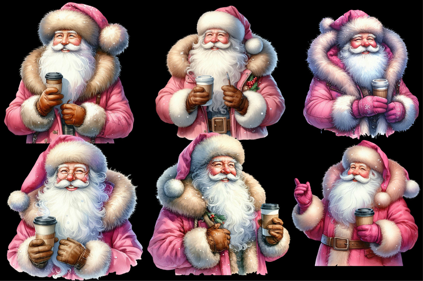 Santa Claus & Coffee Clipart PNG Bundle | Pink Christmas Santa with Coffee Cup, Winter Holiday Designs