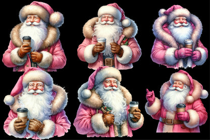 Santa Claus & Coffee Clipart PNG Bundle | Pink Christmas Santa with Coffee Cup, Winter Holiday Designs