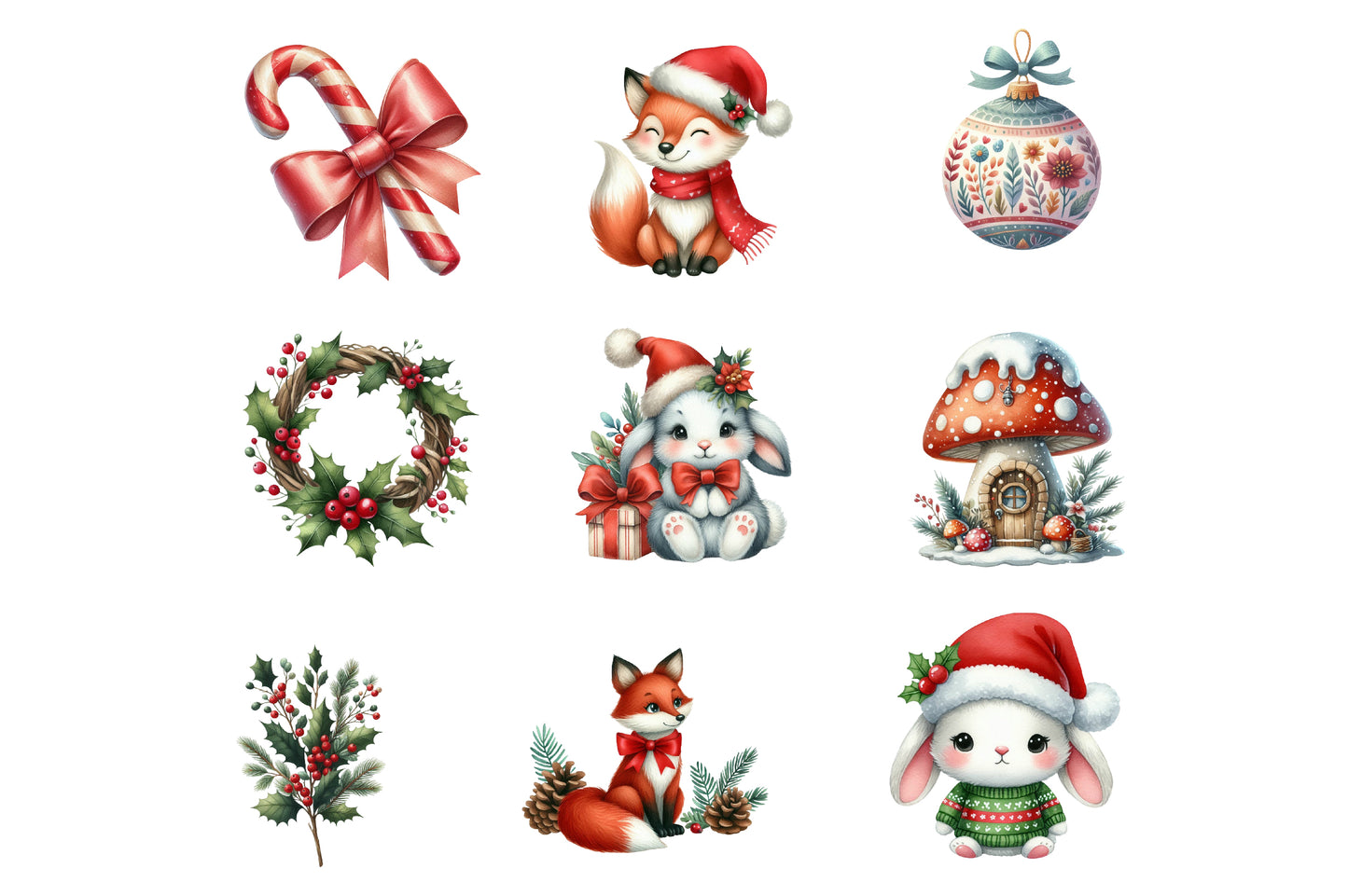 Whimsical Christmas Clipart PNG Bundle | Cute Christmas Watercolor Clipart | Woodland Christmas Sublimation PNG
