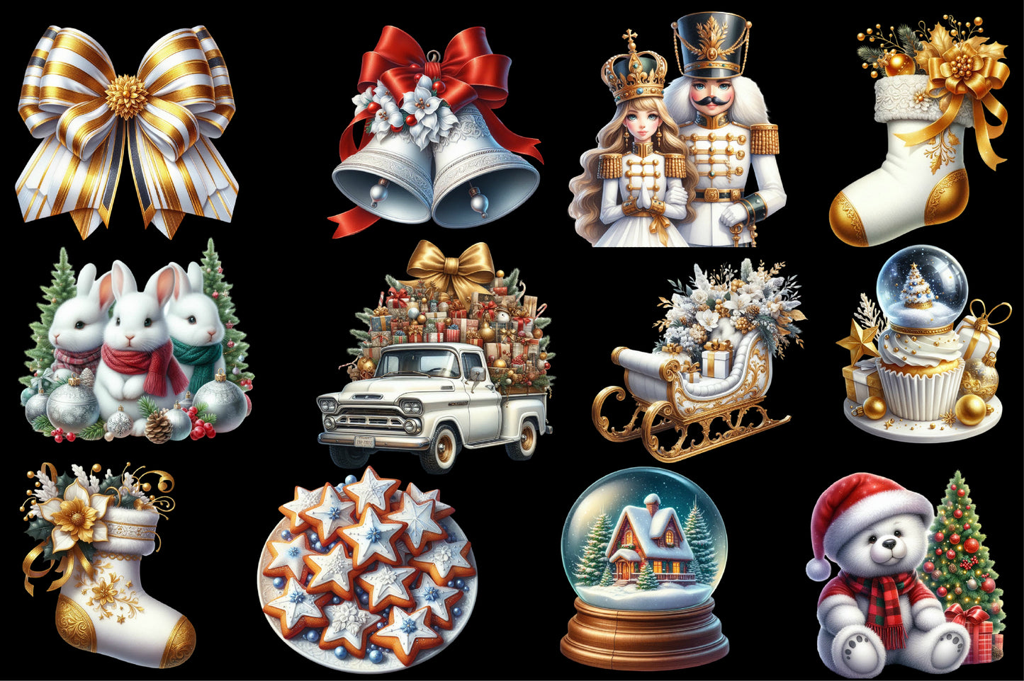 Cozy White Christmas Clipart PNG Bundle | Elegant Winter Christmas, Snowman, Sleigh, Santa, Wreath & Gold Holiday Designs