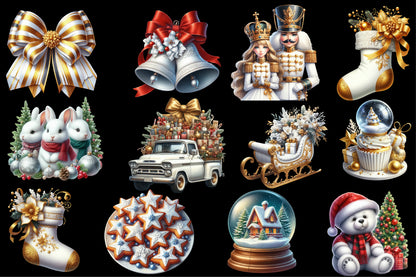 Cozy White Christmas Clipart PNG Bundle | Elegant Winter Christmas, Snowman, Sleigh, Santa, Wreath & Gold Holiday Designs