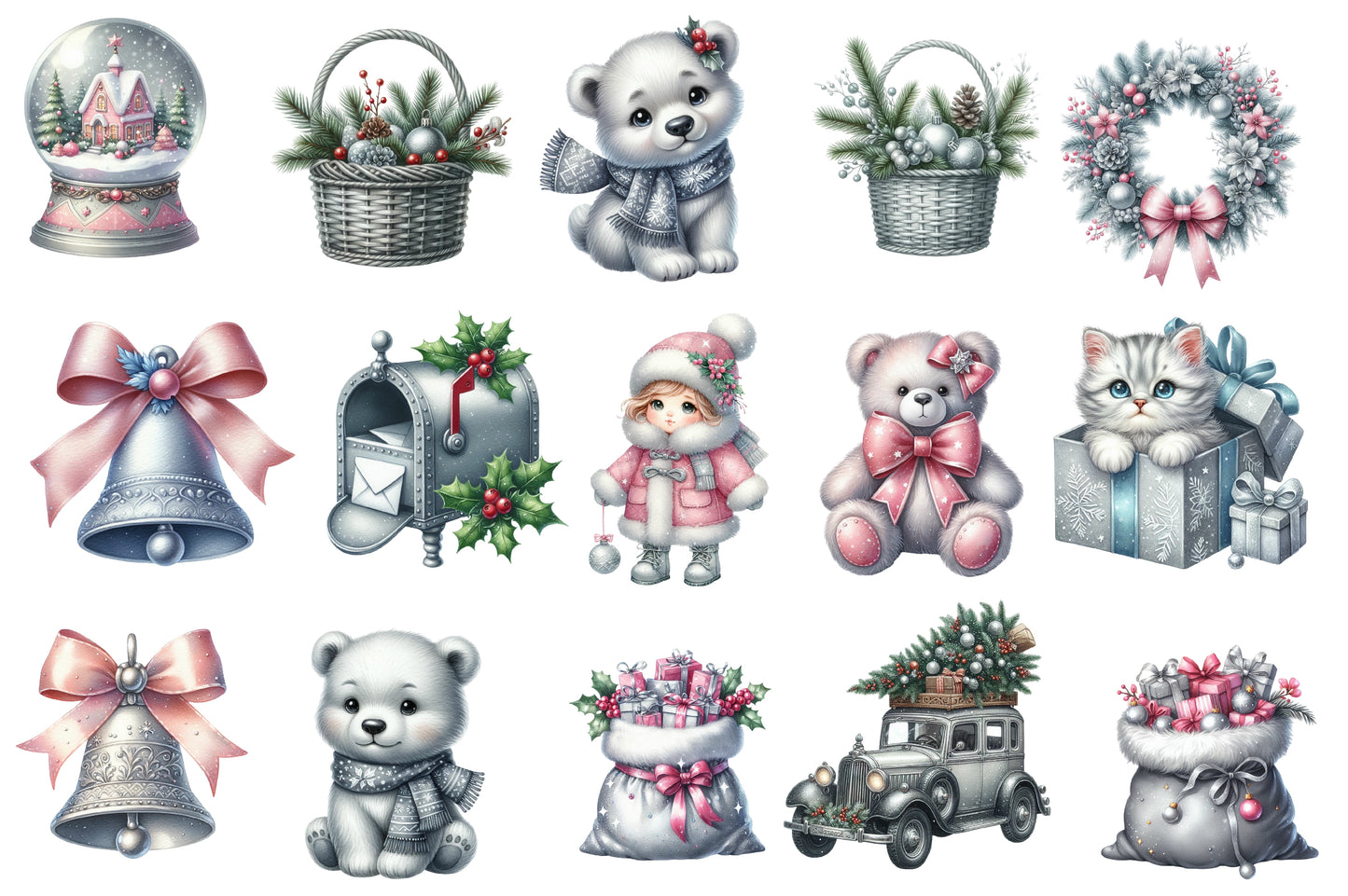 Silver Christmas Watercolor Clipart PNG Bundle | Winter Christmas Clipart | Pink Silver Christmas Sublimation PNG