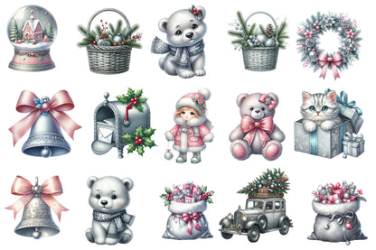 Silver Christmas Watercolor Clipart PNG Bundle | Winter Christmas Clipart | Pink Silver Christmas Sublimation PNG