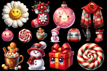 Christmas Clipart PNG Bundle | Watercolor Christmas Ornaments, Stocking, Candy Cane, Snowman, Gift Box & Holiday Elements