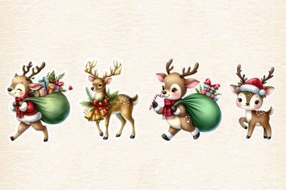 Christmas Deer Sticker Clipart PNG Bundle | Watercolor Cute Christmas Deer Stickers | Holiday Reindeer Sublimation PNG