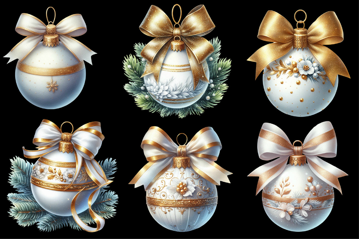 Watercolor Christmas Ornament Clipart PNG Bundle | Elegant Gold & Blue Baubles