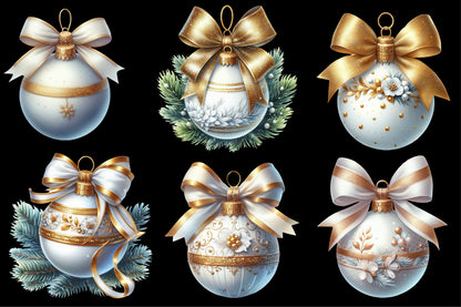 Watercolor Christmas Ornament Clipart PNG Bundle | Elegant Gold & Blue Baubles