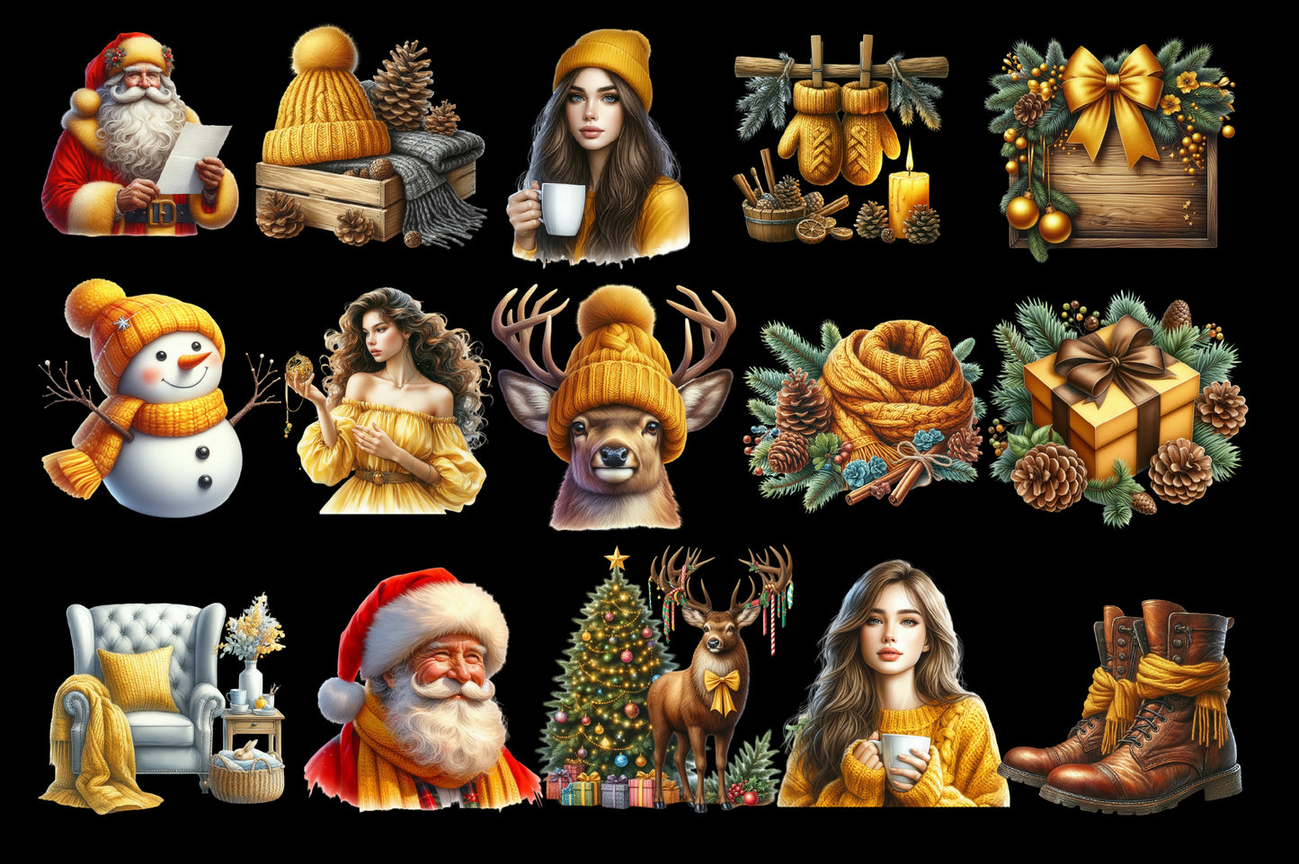 Watercolor Yellow Christmas PNG Bundle 35 Cozy Holiday Clipart