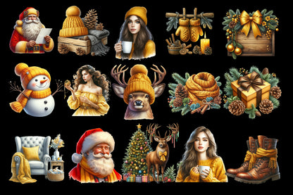 Watercolor Yellow Christmas PNG Bundle 35 Cozy Holiday Clipart