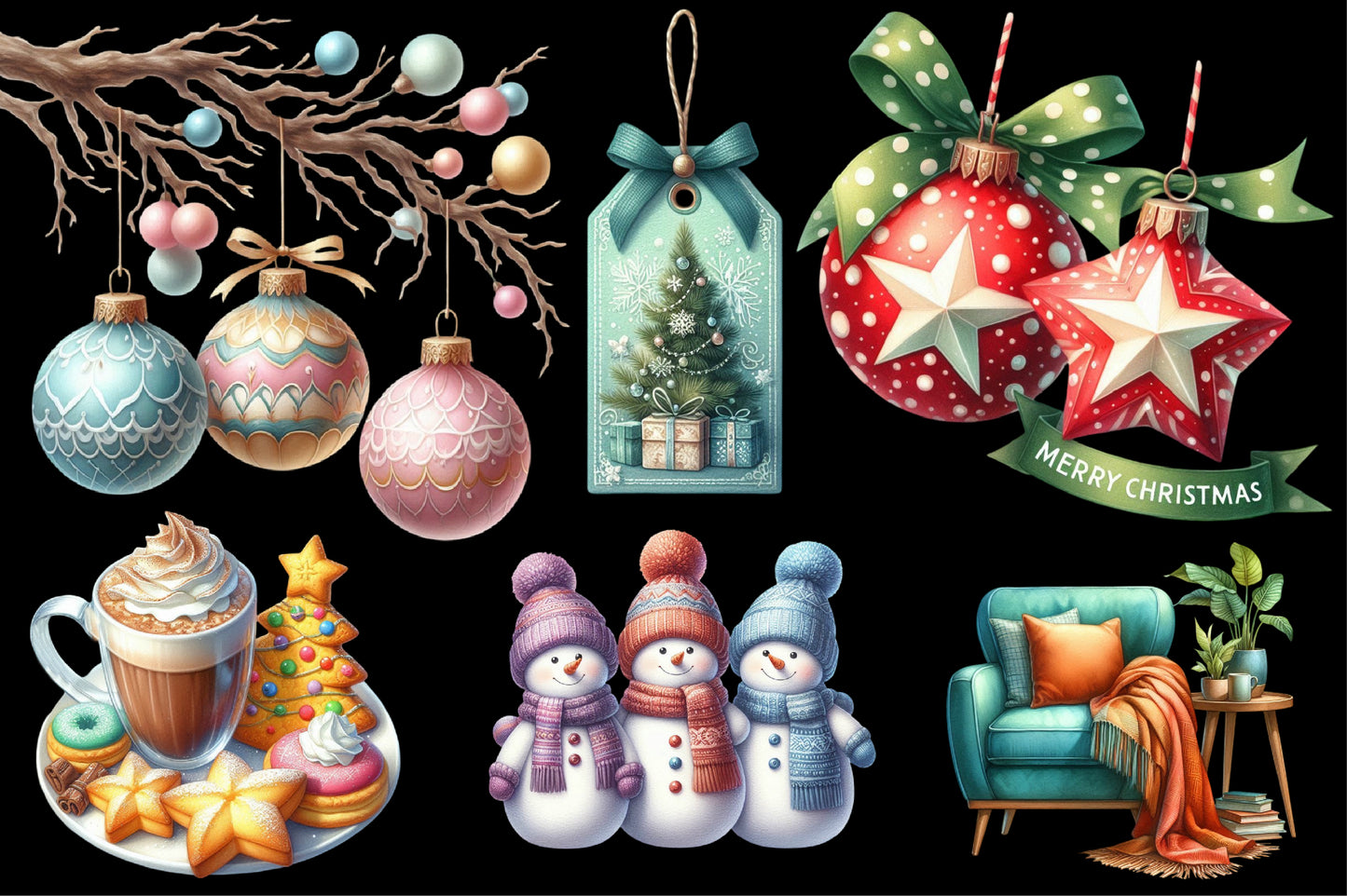 Pastel Merry Christmas Clipart PNG Bundle | Cute Christmas Tree, Snowman, Ornaments, Gifts, Cocoa & Winter Designs