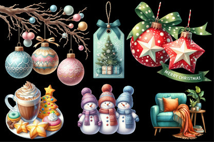Pastel Merry Christmas Clipart PNG Bundle | Cute Christmas Tree, Snowman, Ornaments, Gifts, Cocoa & Winter Designs