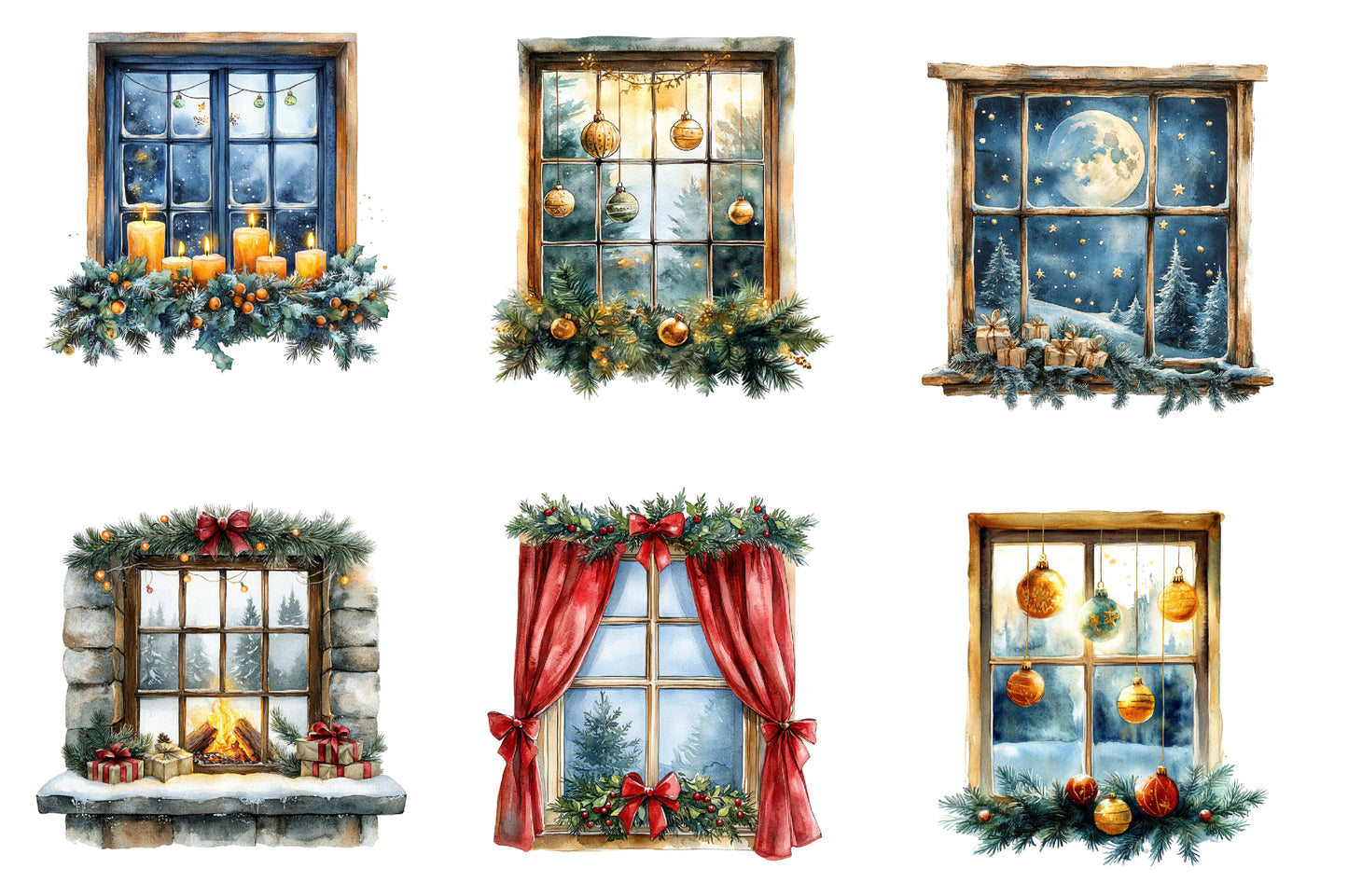 Christmas Windows Watercolor Clipart PNG Bundle | Winter Window Clipart | Christmas Sublimation