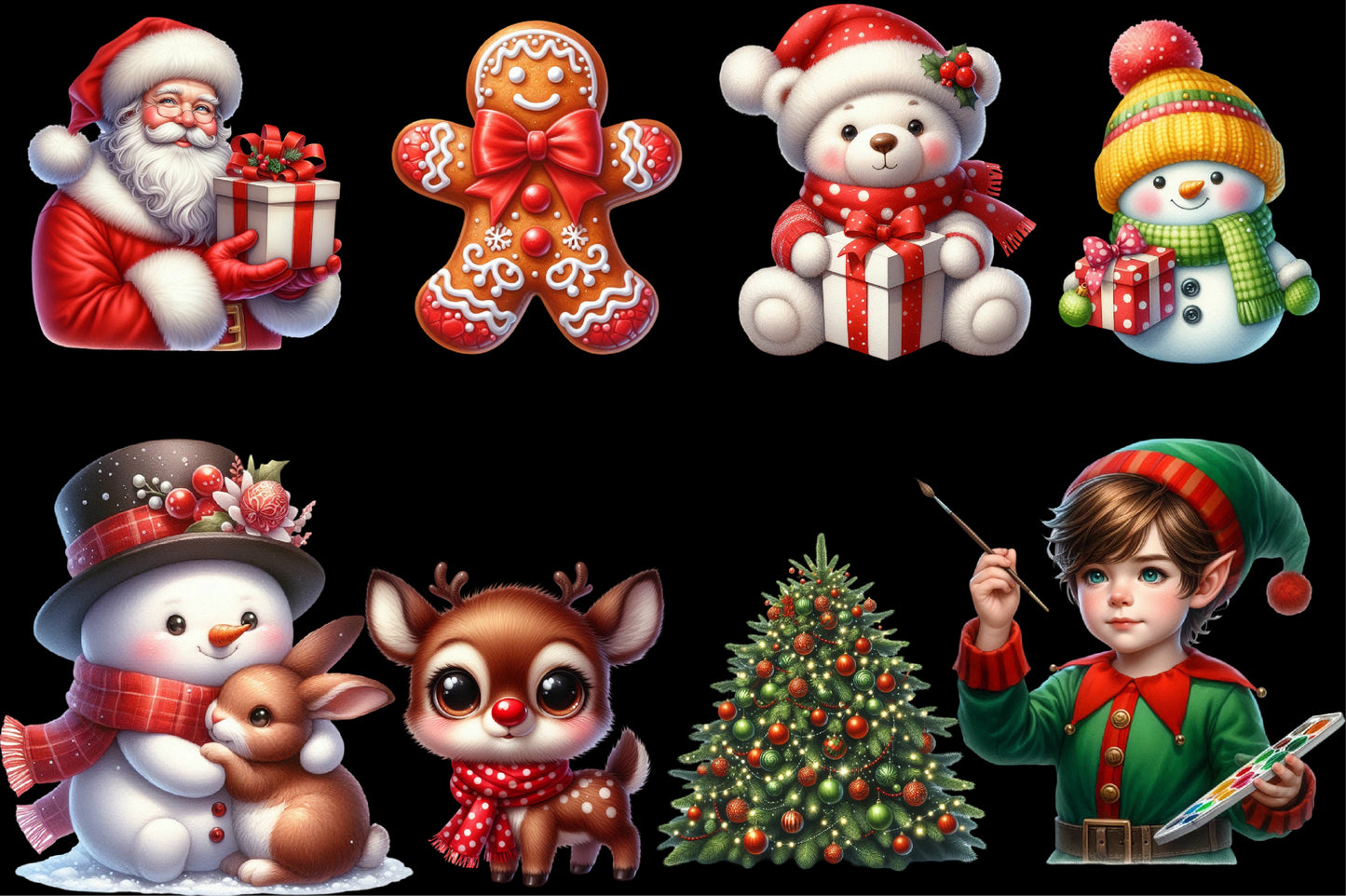 Cute Christmas Clipart PNG Bundle | Santa, Gingerbread, Teddy Bear, Snowman & Reindeer