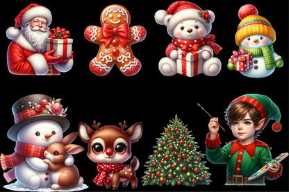 Cute Christmas Clipart PNG Bundle | Santa, Gingerbread, Teddy Bear, Snowman & Reindeer