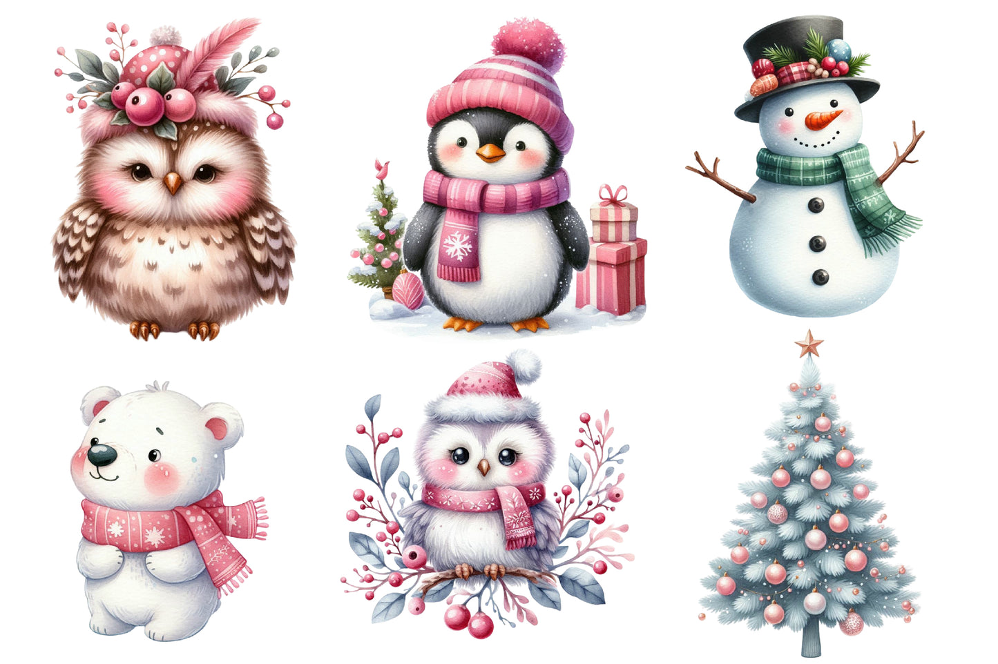 Pink Christmas Woodland Animals Watercolor Clipart PNG Bundle | Christmas Clipart | Winter Sublimation