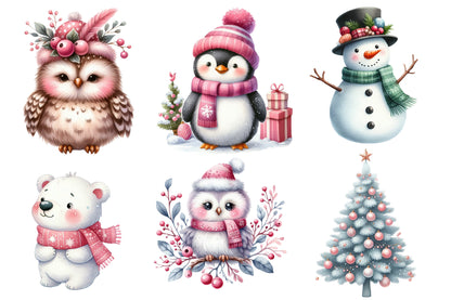 Pink Christmas Woodland Animals Watercolor Clipart PNG Bundle | Christmas Clipart | Winter Sublimation