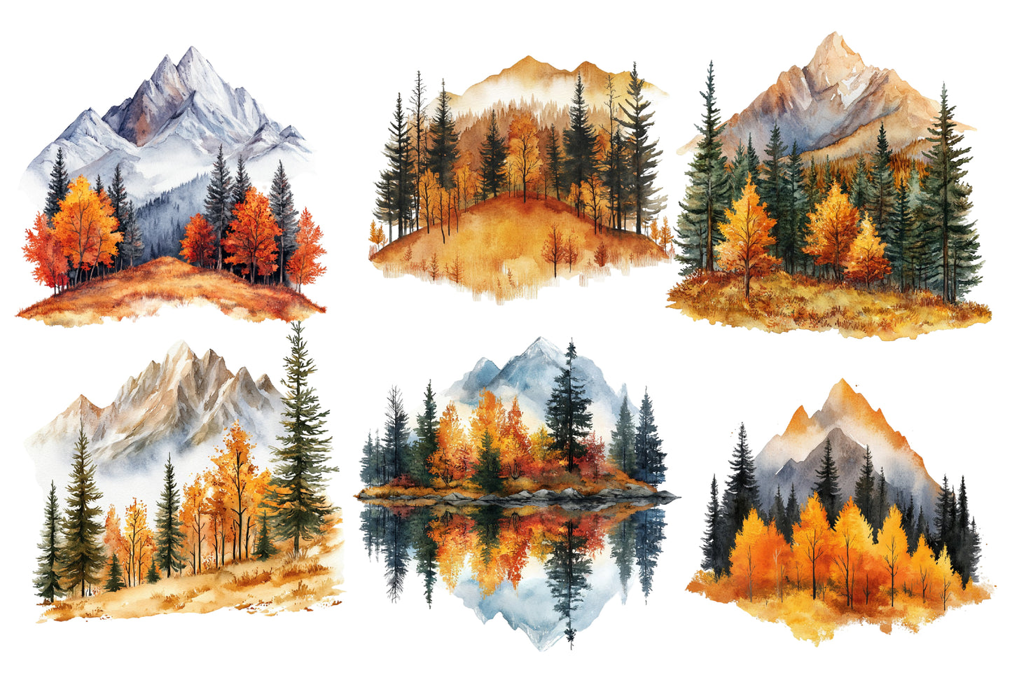 Fall Mountains Watercolor Clipart PNG Bundle | Autumn Mountain Landscape | Fall Nature Sublimation