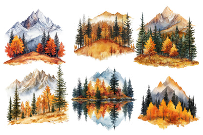 Fall Mountains Watercolor Clipart PNG Bundle | Autumn Mountain Landscape | Fall Nature Sublimation