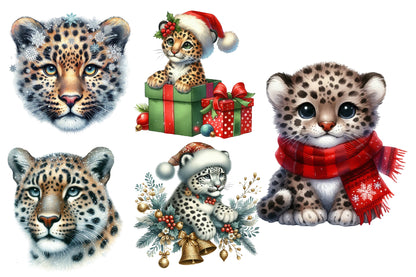 Christmas Leopard Clipart PNG Bundle | Watercolor Cute Christmas Leopard Clipart | Festive Wild Cat Sublimation PNG