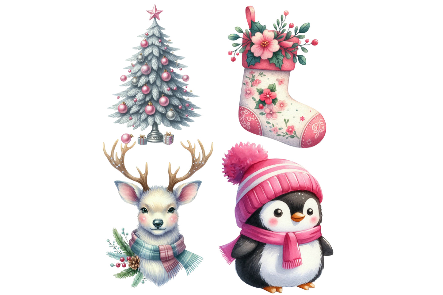 Pink Christmas Woodland Animals Watercolor Clipart PNG Bundle | Christmas Clipart | Winter Sublimation