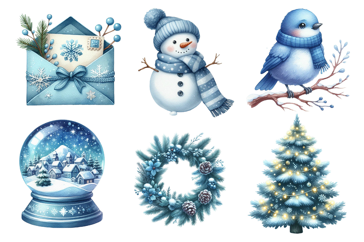 Blue Christmas Clipart Sublimation PNG Bundle | Watercolor Winter Holiday Clipart | Icy Blue Christmas Sublimation PNG