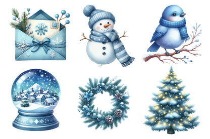 Blue Christmas Clipart Sublimation PNG Bundle | Watercolor Winter Holiday Clipart | Icy Blue Christmas Sublimation PNG