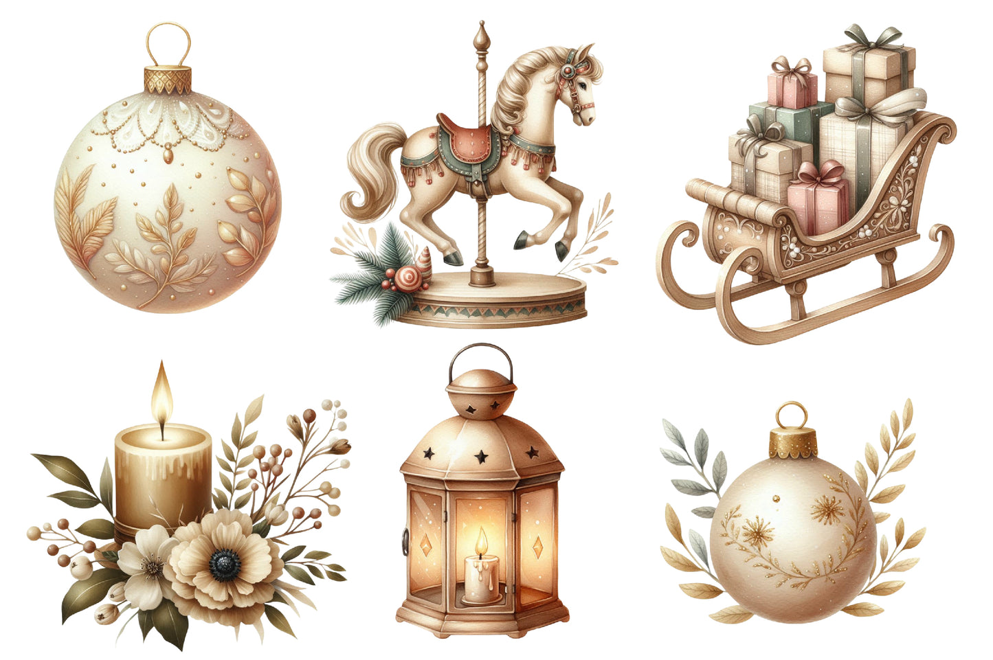 Beige Christmas Clipart PNG Bundle | Neutral Watercolor Christmas Clipart | Elegant Boho Holiday PNG