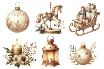 Beige Christmas Clipart PNG Bundle | Neutral Watercolor Christmas Clipart | Elegant Boho Holiday PNG