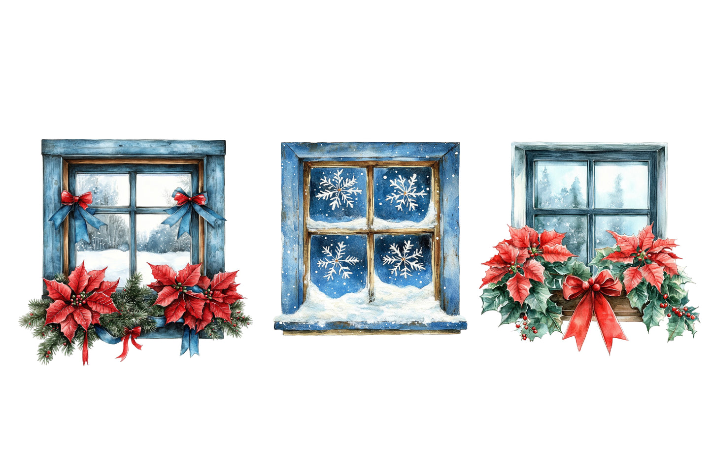 Christmas Windows Watercolor Clipart PNG Bundle | Winter Window Clipart | Christmas Sublimation
