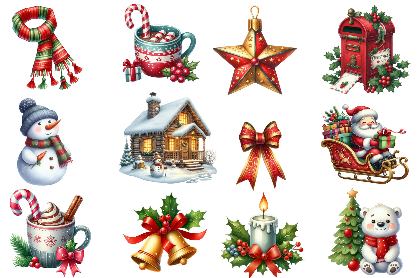 Christmas Sublimation Clipart PNG Bundle | Watercolor Christmas Holiday Clipart | Festive Christmas Sublimation PNG
