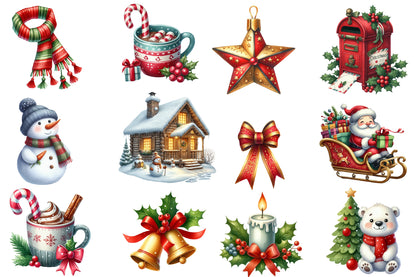 Christmas Sublimation Clipart PNG Bundle | Watercolor Christmas Holiday Clipart | Festive Christmas Sublimation PNG