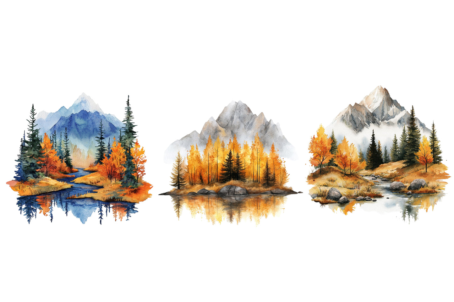 Fall Mountains Watercolor Clipart PNG Bundle | Autumn Mountain Landscape | Fall Nature Sublimation