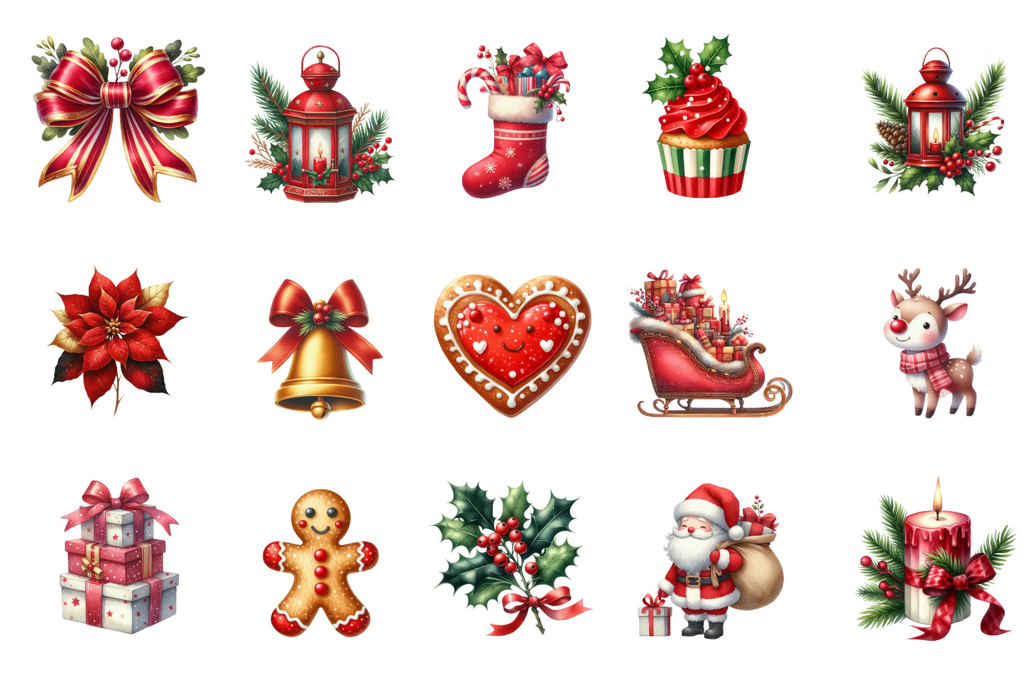 Happy Christmas Watercolor Clipart PNG Bundle | Cute Christmas Holiday Clipart | Festive Christmas Sublimation PNG
