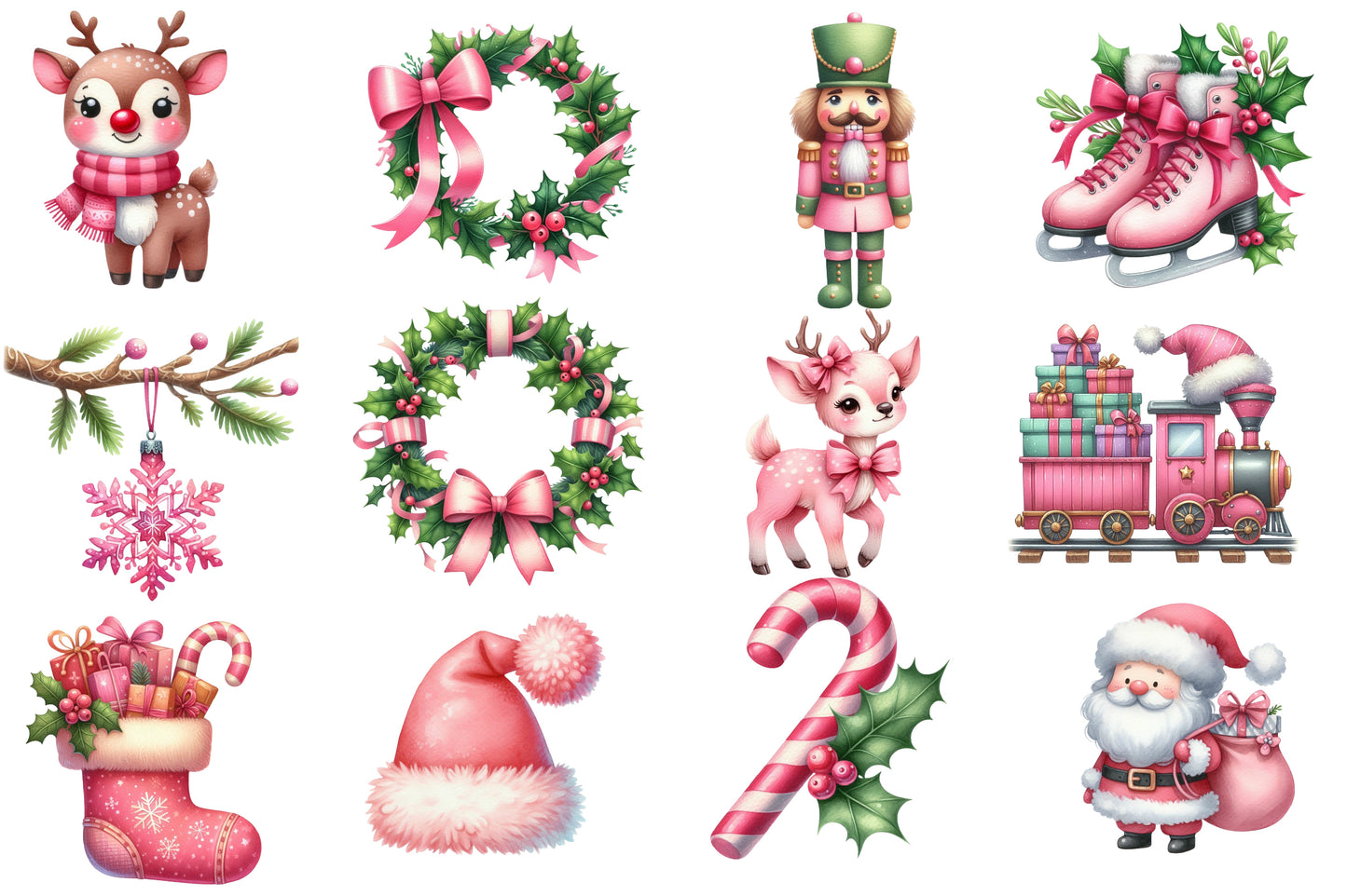 Pink Sweet Christmas Watercolor Clipart PNG Bundle | Cute Pink Christmas Clipart | Pink Holiday Sublimation PNG