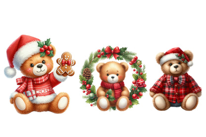 Christmas Bears Clipart PNG Bundle | Watercolor Cute Christmas Bear Clipart | Festive Holiday Bear PNG