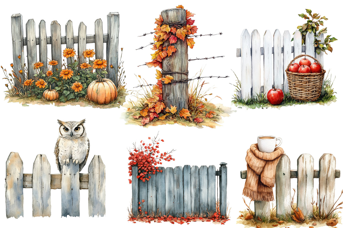 Watercolor Autumn Fence Clipart Bundle Fall Garden Fence PNG