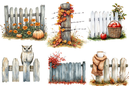 Watercolor Autumn Fence Clipart Bundle Fall Garden Fence PNG