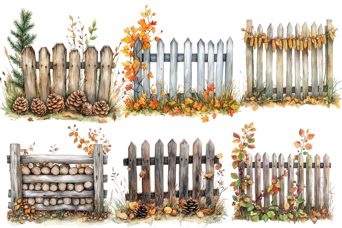 Watercolor Autumn Fence Clipart Bundle Fall Garden Fence PNG