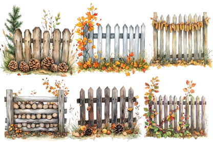 Watercolor Autumn Fence Clipart Bundle Fall Garden Fence PNG