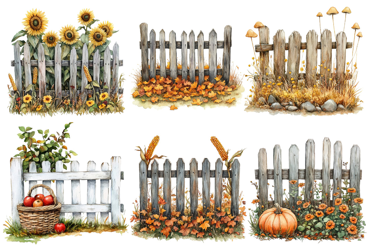 Watercolor Autumn Fence Clipart Bundle Fall Garden Fence PNG