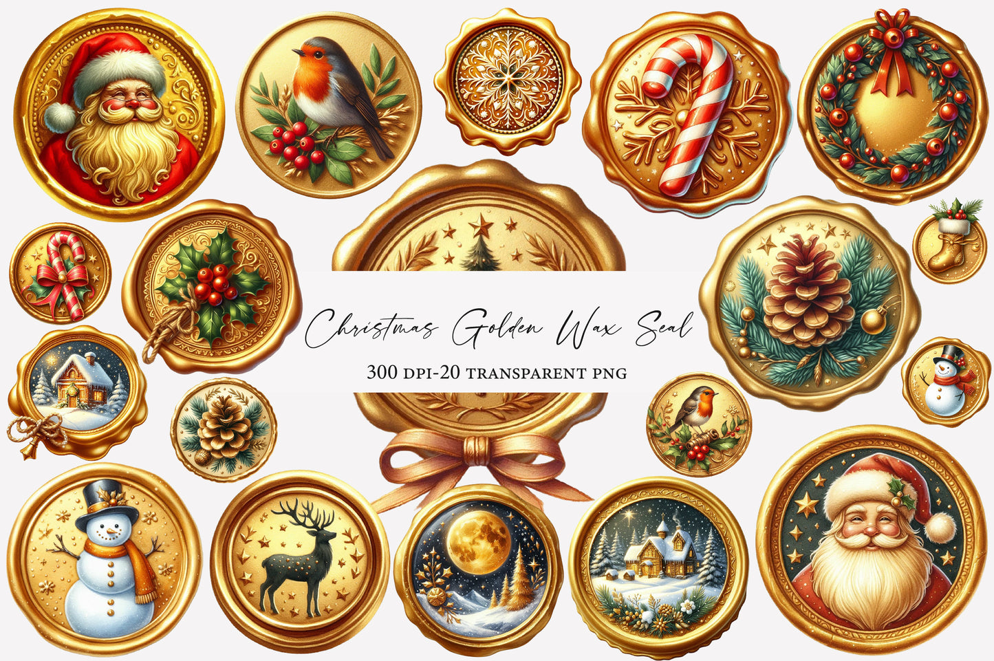 Christmas Golden Wax Seal Sublimation PNG Bundle | Watercolor Elegant Holiday Wax Seal Clipart | Festive Christmas PNG