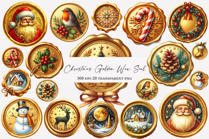 Christmas Golden Wax Seal Sublimation PNG Bundle | Watercolor Elegant Holiday Wax Seal Clipart | Festive Christmas PNG