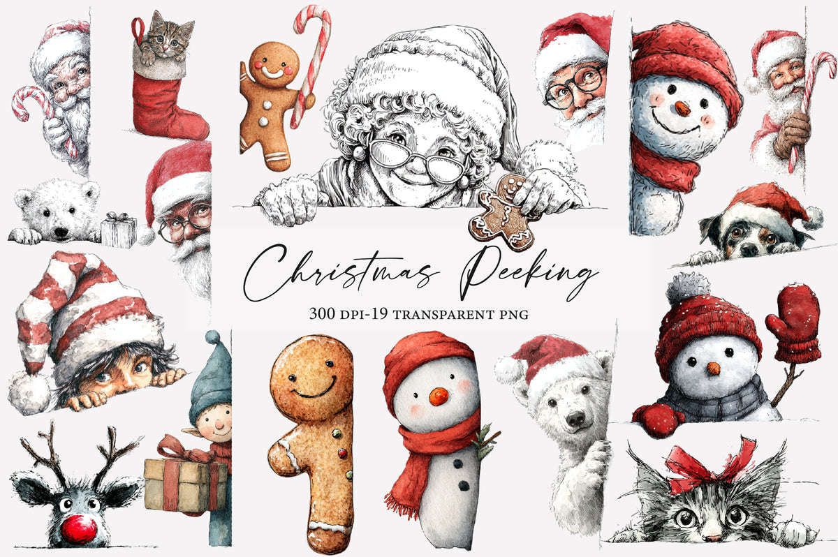 Christmas Peeking Clipart PNG Bundle | Watercolor Cute Peeking Christmas Characters | Holiday Sublimation PNG