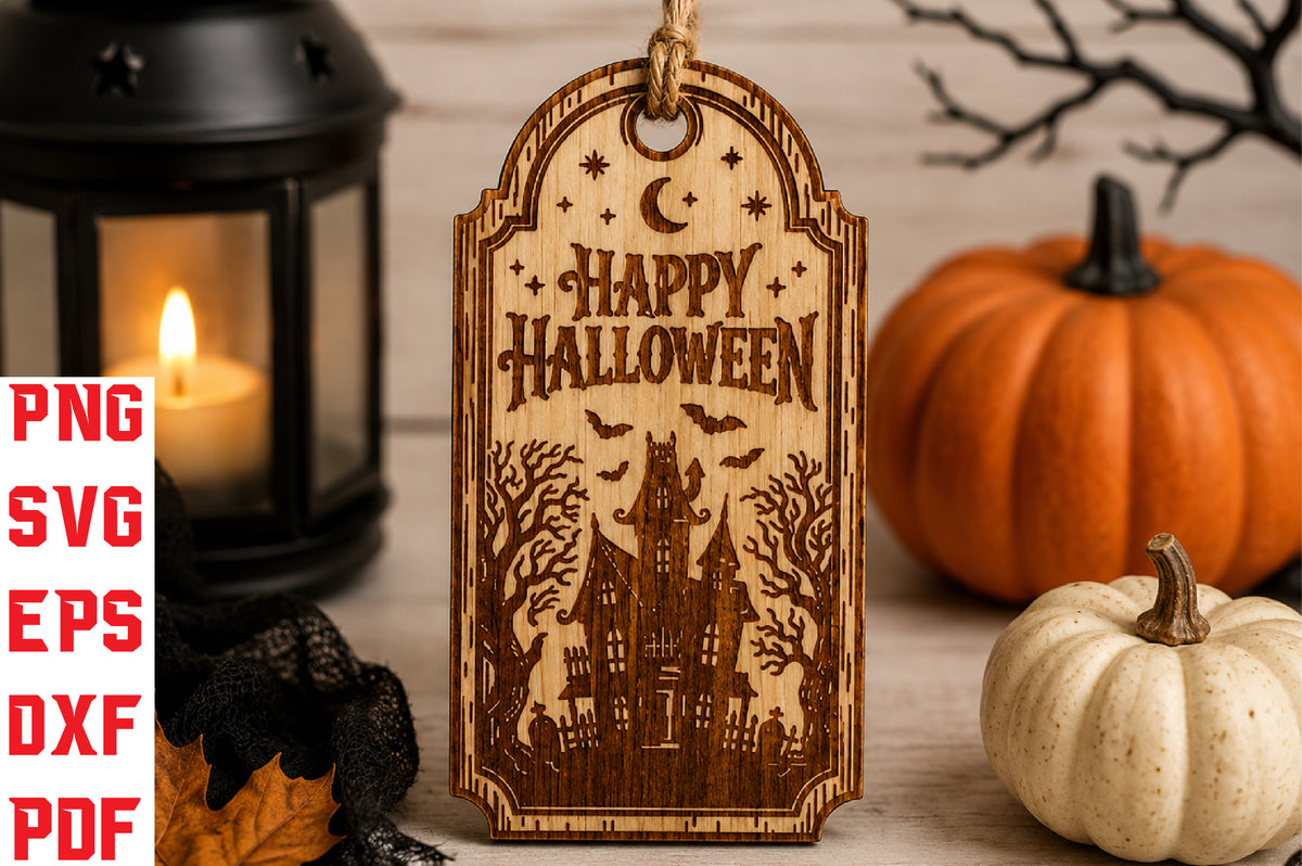 Happy Halloween Haunted House Gift Tag SVG