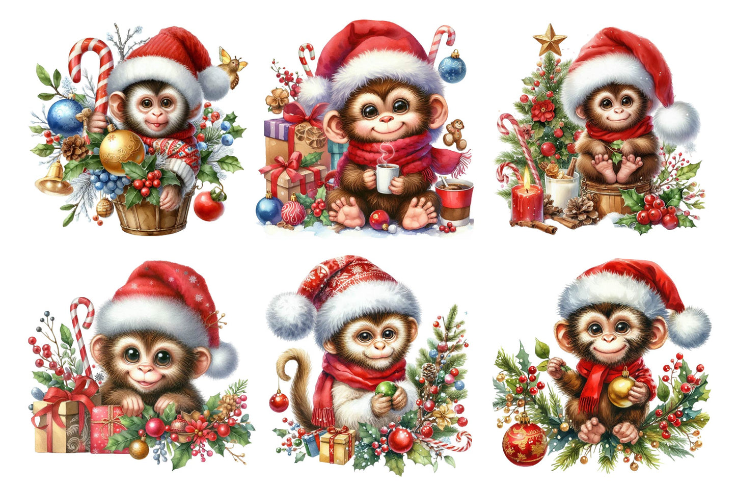 Christmas Monkey Watercolor Clipart PNG Bundle