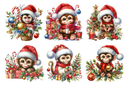 Christmas Monkey Watercolor Clipart PNG Bundle