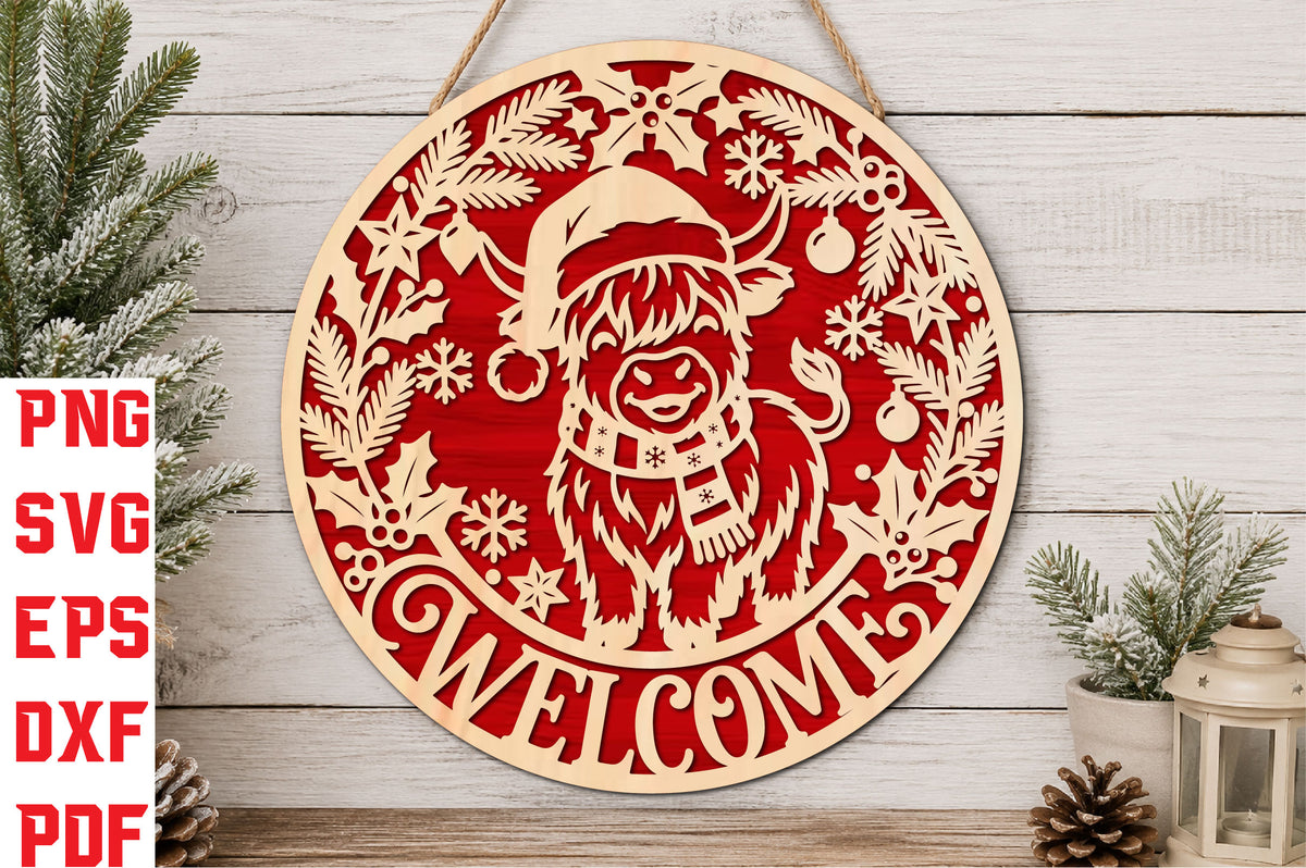 Christmas Highland Cow Welcome Sign SVG