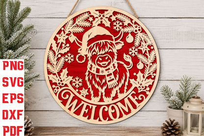 Christmas Highland Cow Welcome Sign SVG